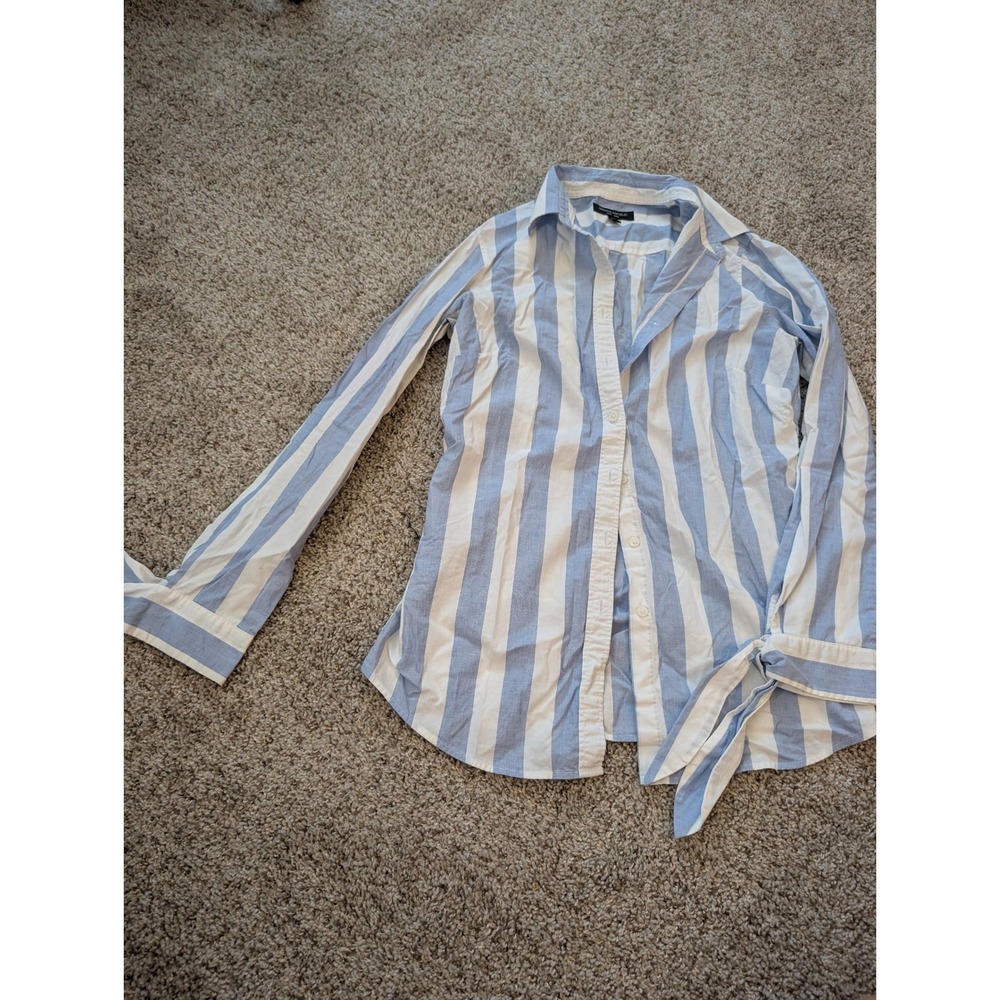 Banana Republic Riley Shirt Blue White Striped Tie Cuff Button Down Petite 4